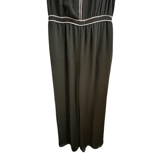ModCloth Intrigue Mastery Olive Green Chiffon WideLeg Jumpsuit Pink Piping SZ L - Picture 6 of 13